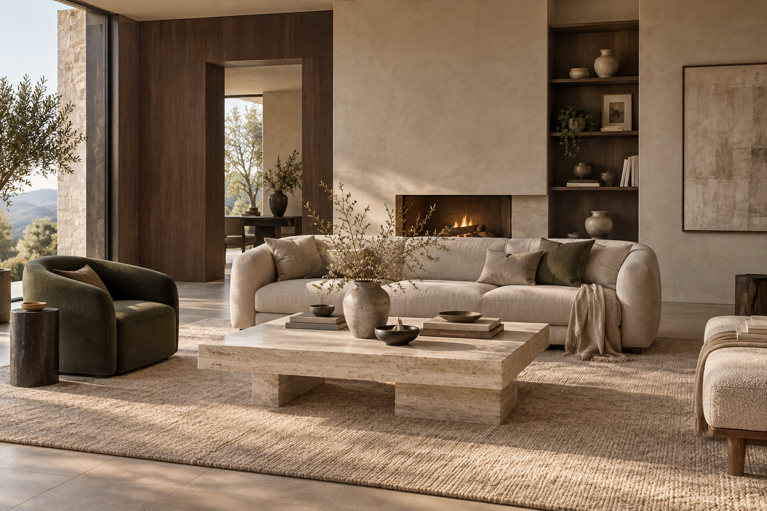 Sunlit living room with a linen sofa, olive lounge chair and sculptural travertine table